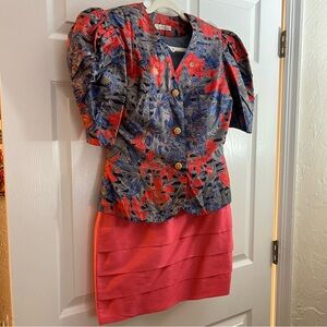 Vintage Silk Suit 6 Floral Puff Sleeve Blazer and Skirt Set